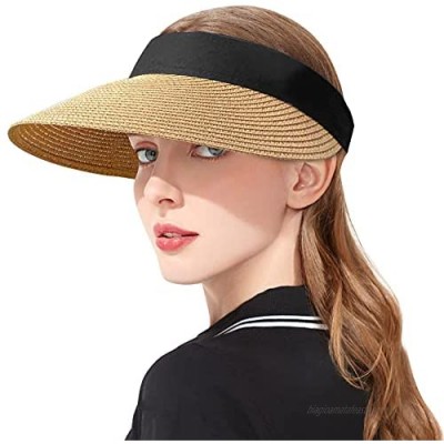 Dedall Women Straw Roll Up Sun Visor Hat  large Wide Brim Summer UV Protection oversized visors  Beach Cap Foldable Korean Style Adjustable Size for Sun  Hiking  Golf  Sports  Exercise & Fitness