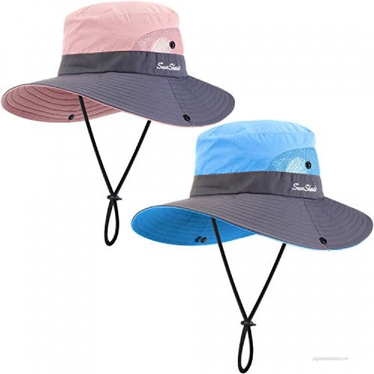 Geyoga 2 Pack Sun UV Protection Hat Mesh Wide Brim Sun Hat Outdoor Foldable Beach Hiking Fishing Summer Hat 56-58 cm (Pink and Blue)