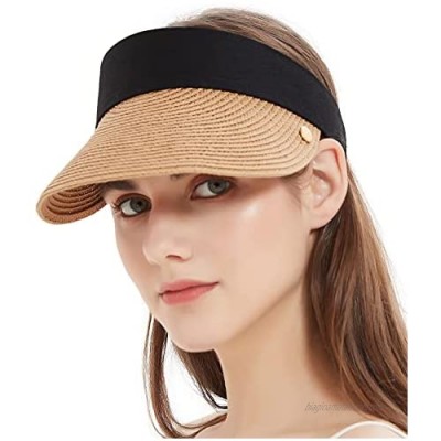 Giolshon Women's Roll Up Foldable Sun Hat Wide Brim Straw Beach Cap Loop Closure and Adjustable Golf Visor
