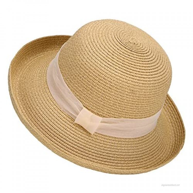 Lullaby Womens Foldable UPF 50+ Structured Curved Wide Brim Bucket Straw Sun Hat
