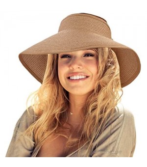 Sun Visor Hats for Women Sun Protection Wide Brim Straw Roll Up Summer Beach Hat UPF 50+ Packable Beach Cap for Sports Fan Visors. Khaki