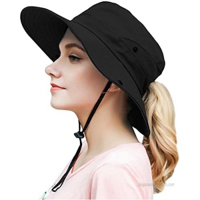 Womens Outdoor Summer Sun Hat UV Protection Wide Brim Foldable Fishing Hats with Ponytail Hole