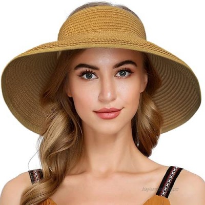 Womens Sun Visors Hats Wide Brim Straw Beach Hats for Women Packable Foldable Travel Ponytail Summer Caps UV UPF50+