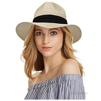 Womens Wide Brim Straw Panama Hat Fedora Summer Beach Sun Hat UPF Straw Hat for Mens - Sun Hat (Floppy Adjustable Medium)