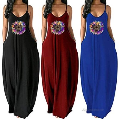 acction Women Summer Maxi Dress Casual Plus Size Sleeveless Sunflower Print Long Dress Loose V Neck Sling Dresses with Pocket