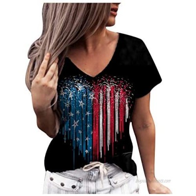Womens Blouse Short Sleeve Vest Patriotic Stripes Star American Flag Print Blouse Tops Independence Day
