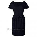 Women's Sexy Basic Crewneck Belted Office Dress with Pockets Solid Color Short Sleeve Party Slim Mini Dress