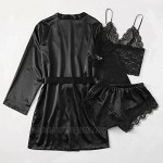 Women's Sexy Silk Lace 3 Piece Satin Robe and Pajama Set with Robe Camisole Sleep Shorts Nightdress Sleepwear