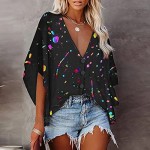Womens Tie-Dye Floral Printed Tshirts Deep V Neck Blouse Bell Shorts Sleeve Summer Tops Sexy Loose Casual