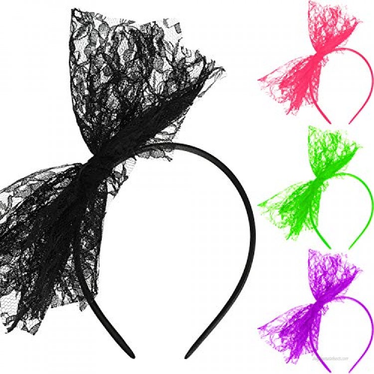 80's Lace Headband Costume Accessories for 80s Theme Party No Headache Neon Lace Bow Headband Set of 4 (4 Colors B Style B)