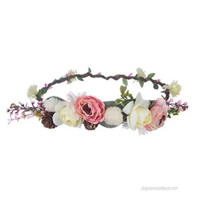 AWAYTR Bohemia Flower Crown Headband - Exquisite Pinecone Leaf Berry Flower Headband Flower Halo Wreath women (Light khaki+Light pink)
