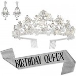 Birthday Queen Sash Rhinestone Crown & Earring Kit - Rose Gold Birthday Decorations - Birthday Party Supplies - Women Bday Gift - Adult Happy Birthday Sash and Tiara for Women (Pearl Silver)
