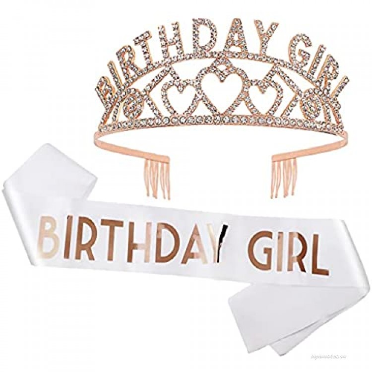 CAVETEEBirthday Girl Sash & Rhinestone Tiara Set - Birthday Tiara and Sash Birthday Party Favors Glitter Birthday Decorations for Women Rose Gold Crown and White Sash