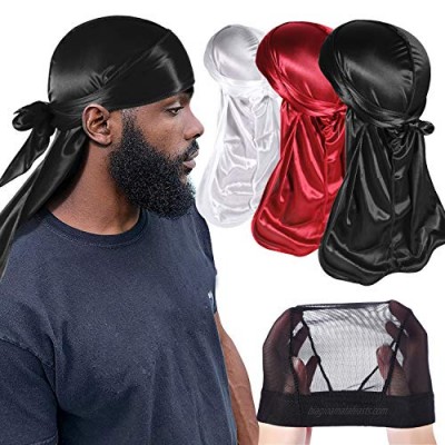 Vidsel 3Pcs Headwraps Silky Durags for Men with 1 Wave Cap Black Wave Durag