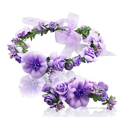 Women flower crown Wreath Bracelet 2pcs/set adjustable ribbo