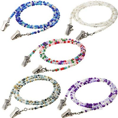 5 Pieces Beaded Face Covering Lanyards Colorful Bead Eyeglass Chains Clip Holder Handmade Necklace with 5 Pairs Silver Clips  28 Inches Long