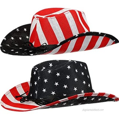 2 Pieces American Flag Cowboy Hats Independence Day Sun Hat Western Cowboy Hat Summer Straw Hat for Men Women