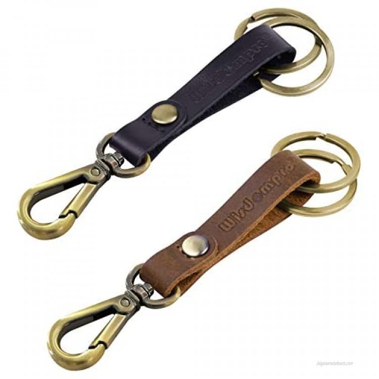 2 Pack Genuine Leather Keychain Wisdompro Heavy Duty Key Chain with Retro Vintage Bronze Belt Loop Clip and 2 Keyrings for Keys - Black and Brown